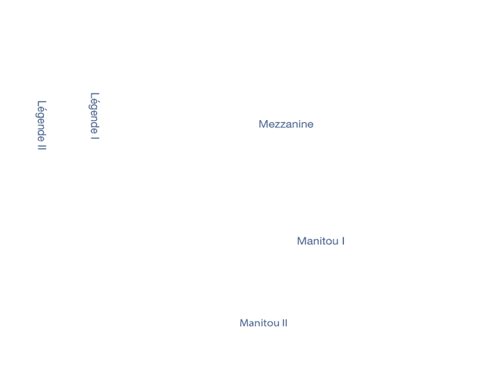 Detailed layout dimensions for corporate event planners at Les Suites Tremblant, showcasing the official floor plan map of the Grand Manitou summit venue, including Mezzanine, Manitou, and Légende spaces in Mont-Tremblant, Quebec.